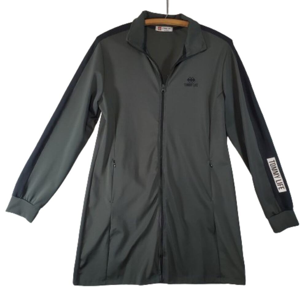 TOMMY LIFE Dark Green w/ Black Strip High Collar Zippered Tunic Womans Size XL